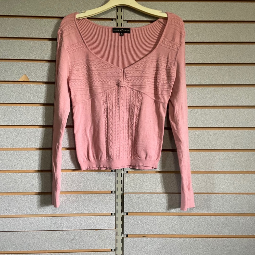 Almost Famous Ribbed Knit Top Sweetheart Neckline Long Sleeve Pink XL Juniors